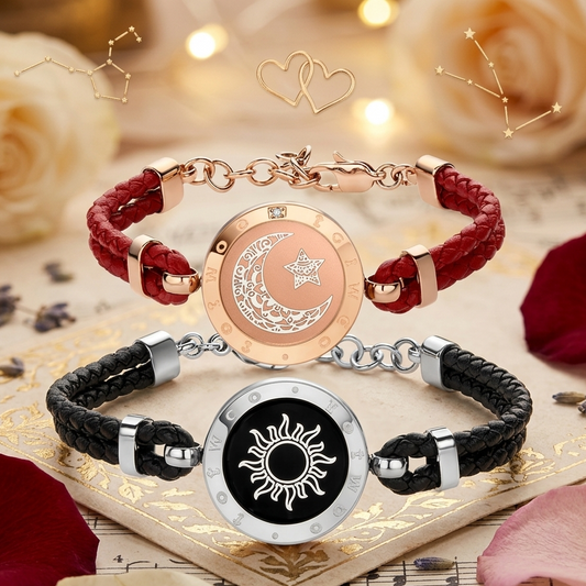 Two bracelets with sun and moon designs on a decorative background with flowers and music notes.