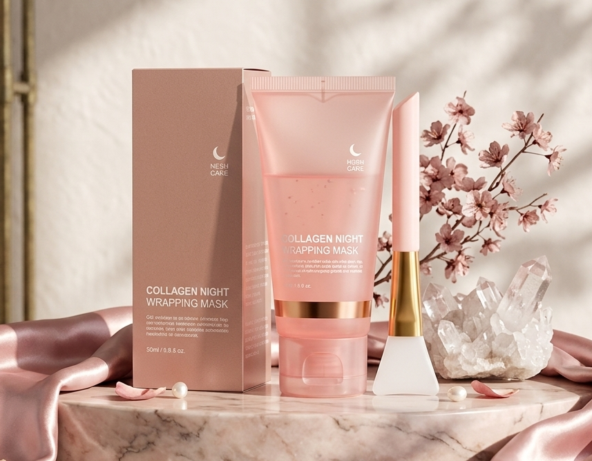 Collagen night wrapping mask with packaging on a marble surface with pink satin and flowers.