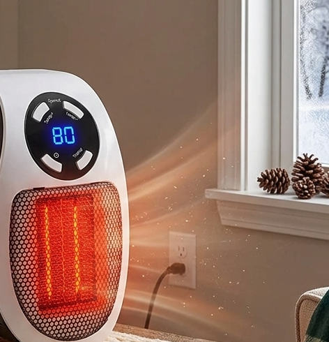 Portable heater on a nightstand next to a fireplace with a snowy window view.